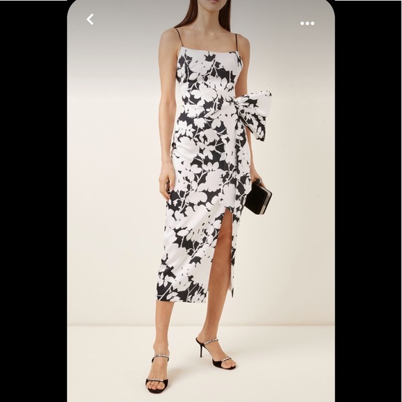 BOW-EMBELLISHED FLORAL-PRINT SATIN MIDI DRESS - Picture 2 of 7